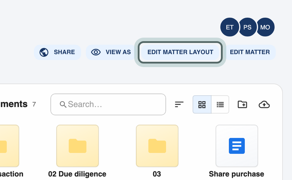The header of Project Alpha's overview with Share, View as, Edit matter layout and Edit matter; Edit matter layout is highlighted.