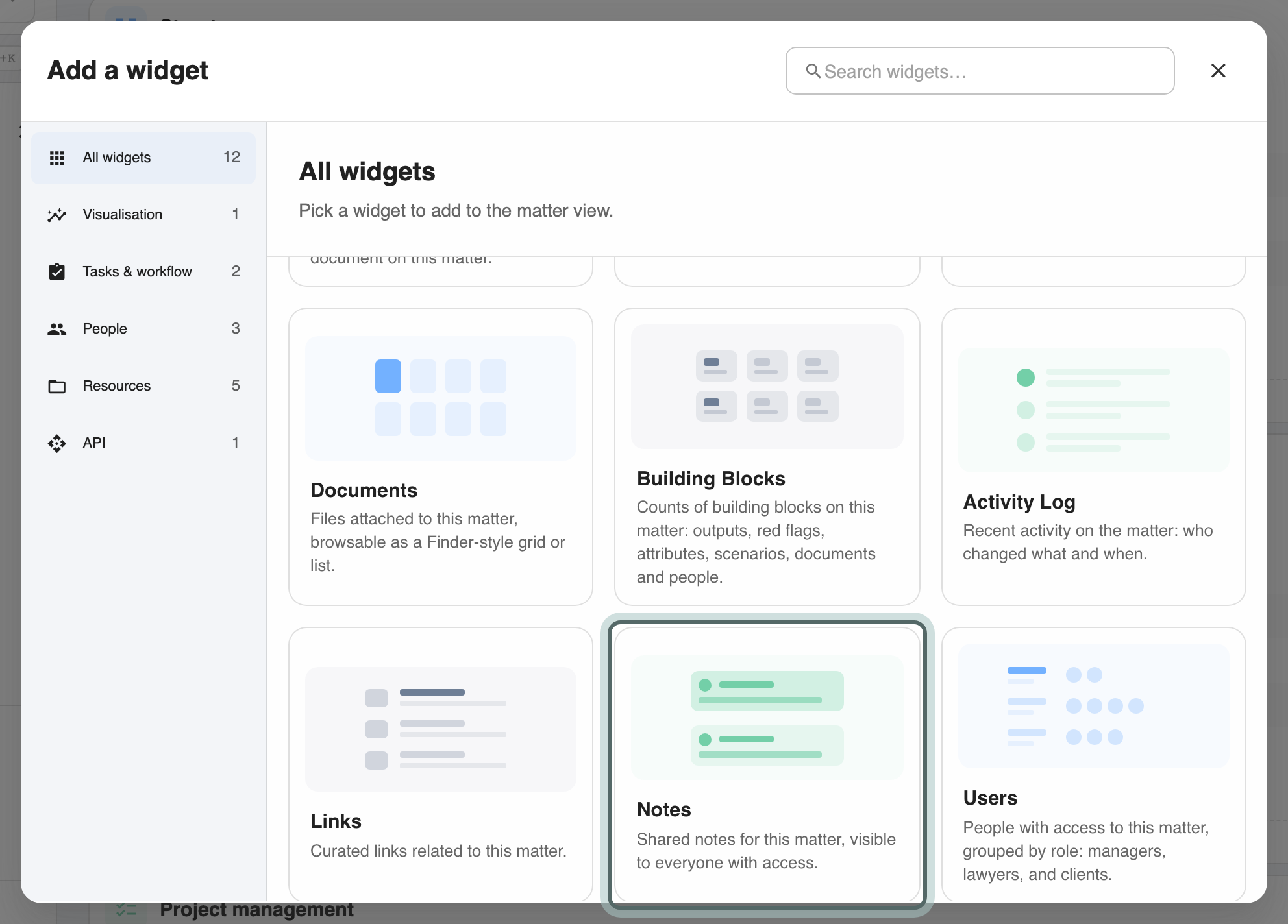 The Add a widget dialog: categories on the left (All widgets, Visualisation, Tasks & workflow, People, Resources) and the widgets as cards on the right, with Notes highlighted.