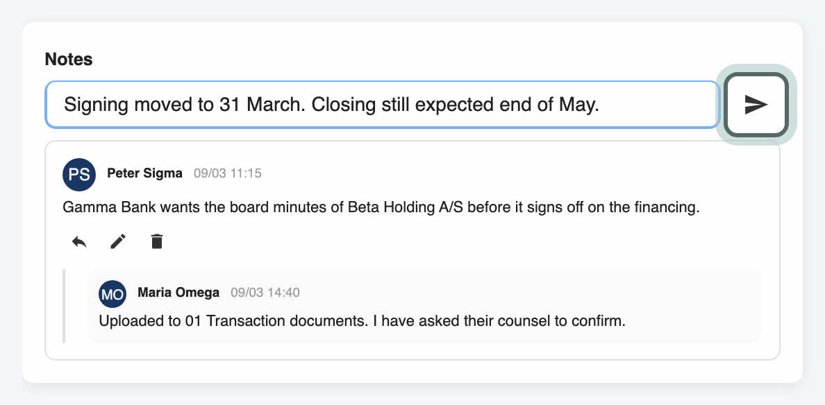 The Notes box on Project Alpha's overview: a note from Peter Sigma about the board minutes with Maria Omega's reply under it, and a new note typed in the Write a note field. The send arrow, Add note, is highlighted.