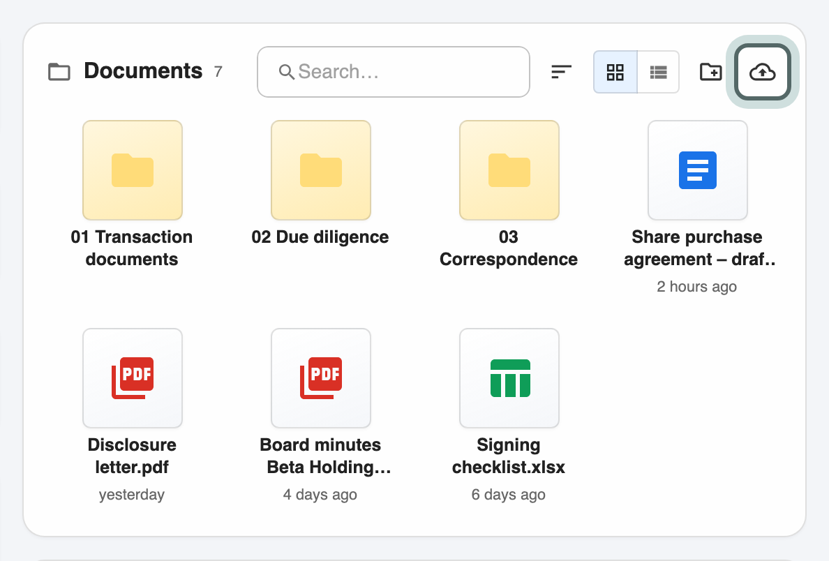 The Documents panel on Project Alpha's overview: folders for transaction documents, due diligence and correspondence above the files, with search, sort, grid and list view, new folder and Upload documents (highlighted) along the top.