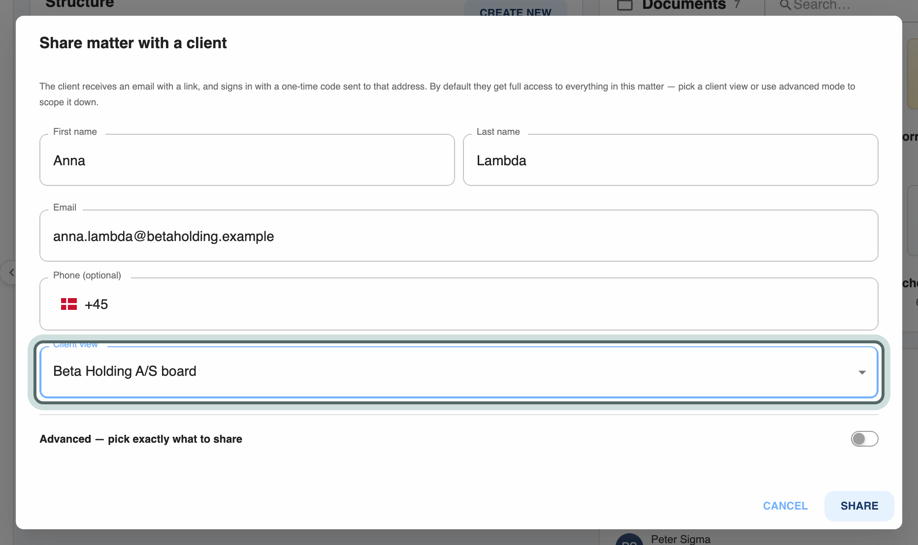 Share matter with a client, filled in for Anna Lambda of Beta Holding A/S, with the client view Beta Holding A/S board chosen. Client view is highlighted.