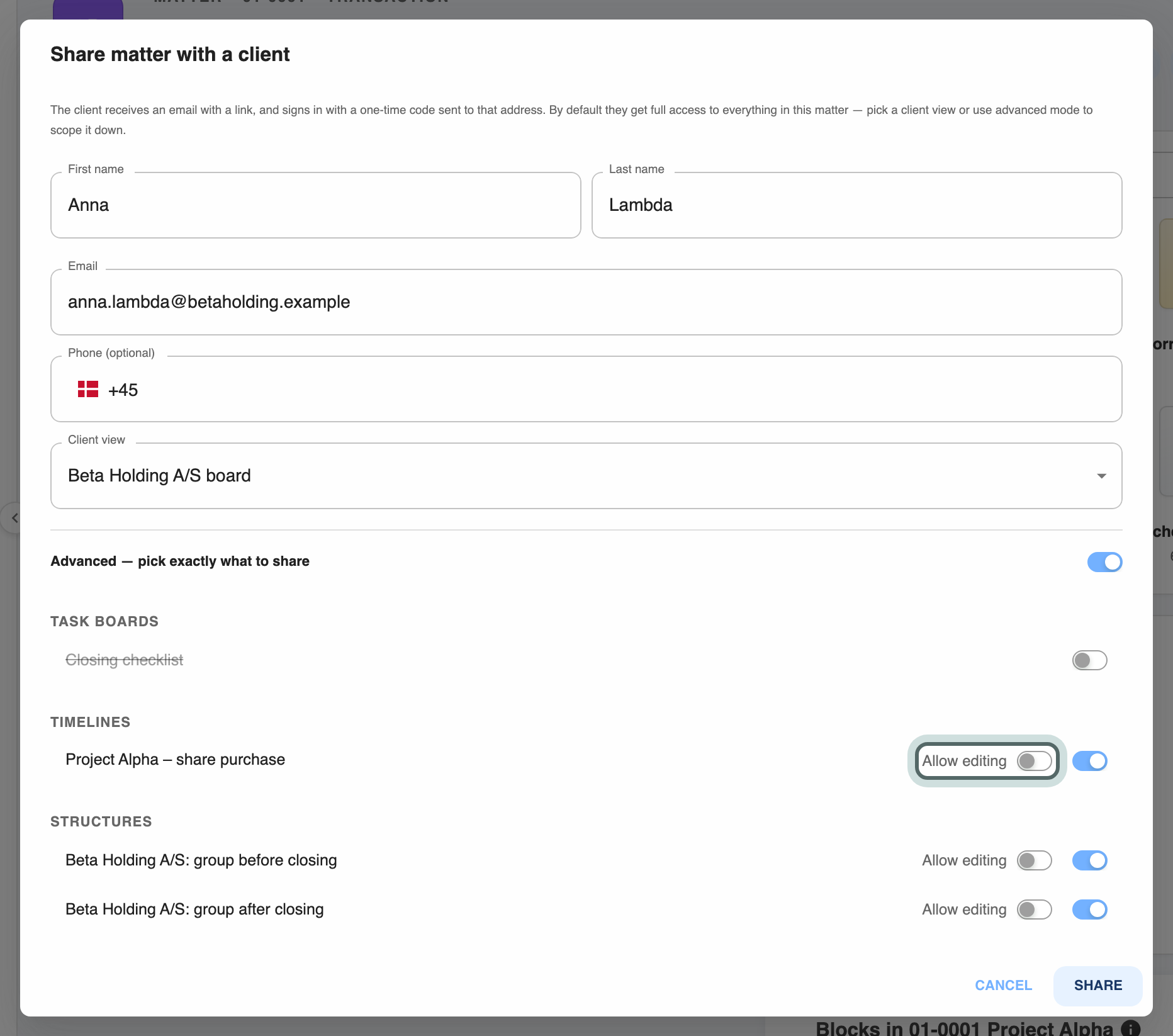 Advanced turned on in Share matter with a client, starting from the client view's choices: the task board Closing checklist is switched off and struck through, while the timeline and both structures are switched on, each with an Allow editing switch; Allow editing on the timeline is highlighted.