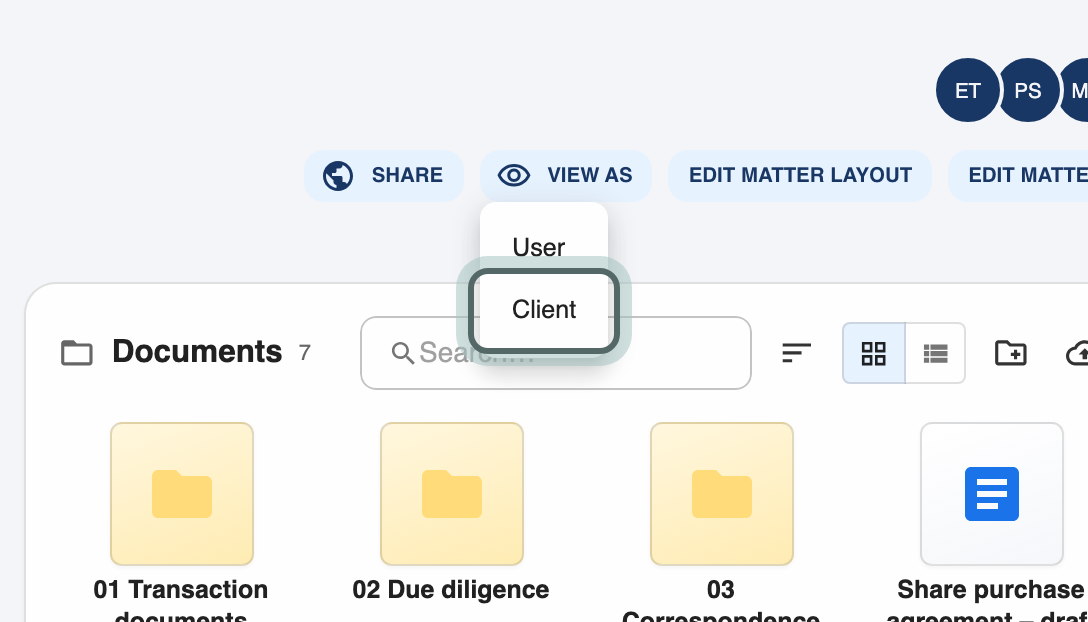 The View as menu on Project Alpha, offering User and Client, with Client highlighted.
