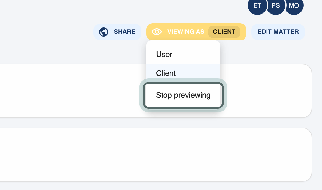 Project Alpha previewed as a client: the button now reads Viewing as Client, and its menu has Stop previewing, highlighted, under User and Client.