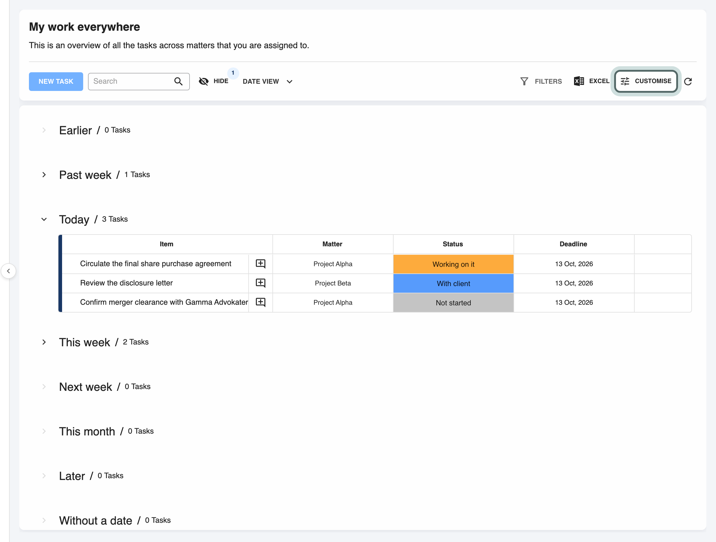 My work everywhere: your tasks from Project Alpha and Project Beta grouped under Past week, Today and This week, with Today open and the Customise button highlighted.