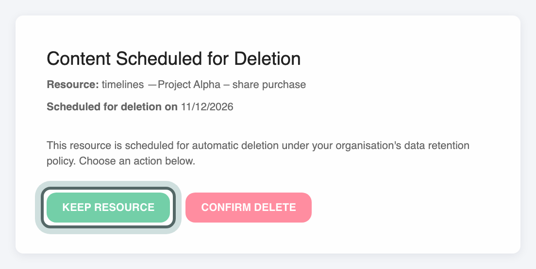 Content Scheduled for Deletion: the timeline Project Alpha – share purchase is scheduled for deletion under the organisation's data retention policy, with Keep Resource highlighted next to Confirm Delete.