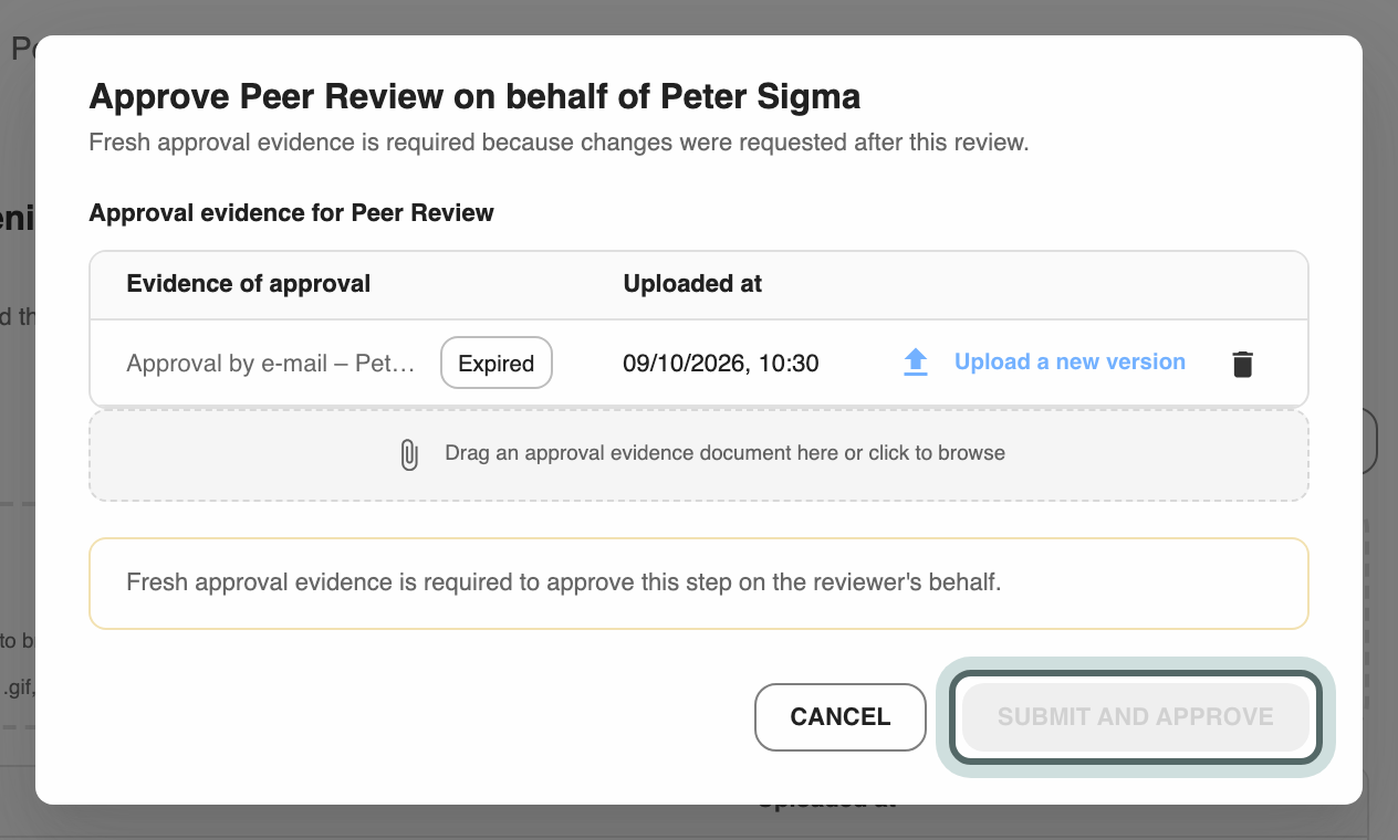 Approve Peer Review on behalf of Peter Sigma: his earlier approval e-mail marked Expired under Approval evidence for Peer Review, an area to drop fresh evidence on, and Submit and approve highlighted.