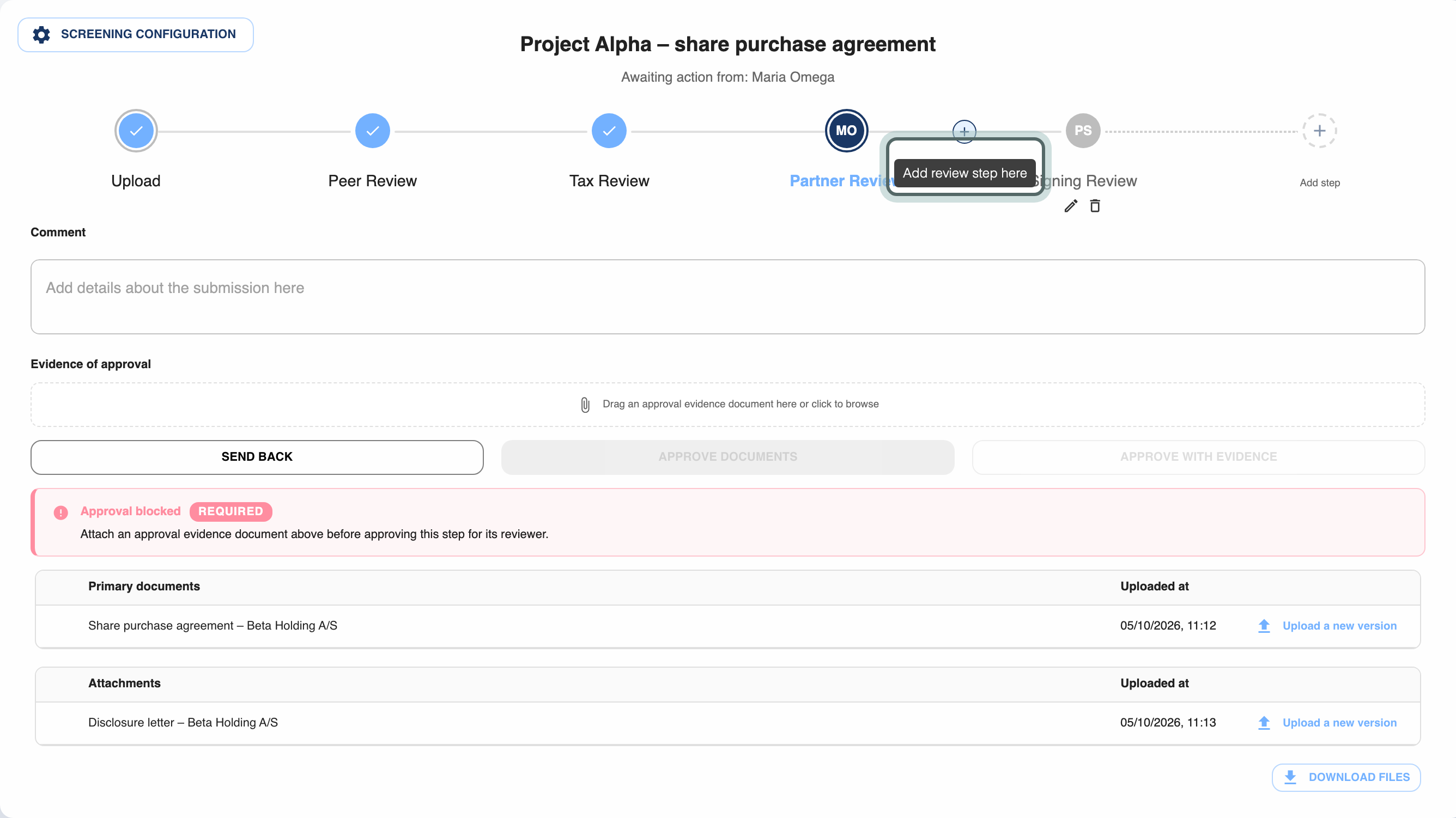 The review steps across the top of a running screening, with the + between Partner Review and Signing Review showing and its label Add review step here highlighted.