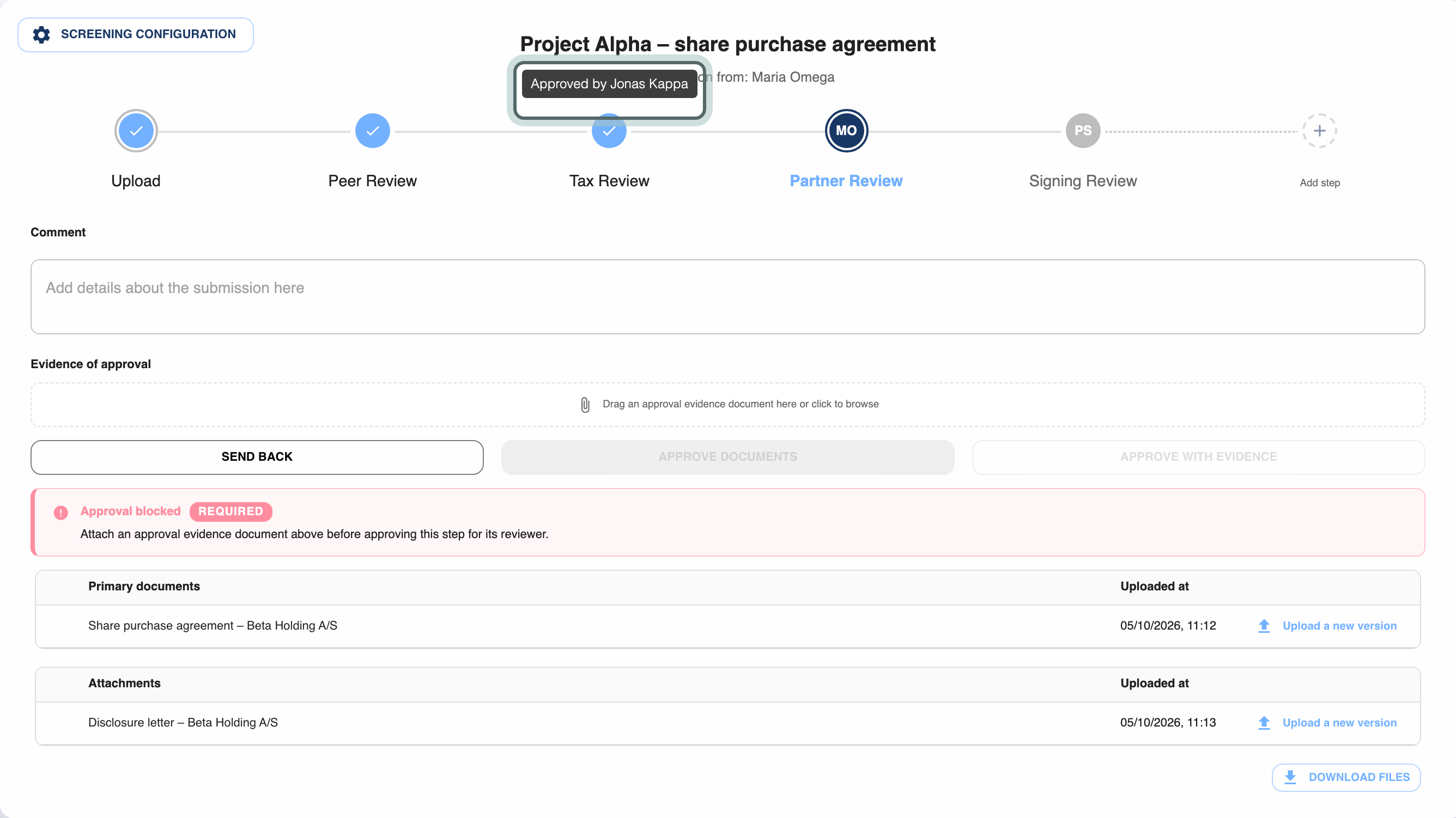 Tax Review, already approved, under the pointer: the label Approved by Jonas Kappa, no buttons to change or delete it, and nowhere to add a step between it and Peer Review.