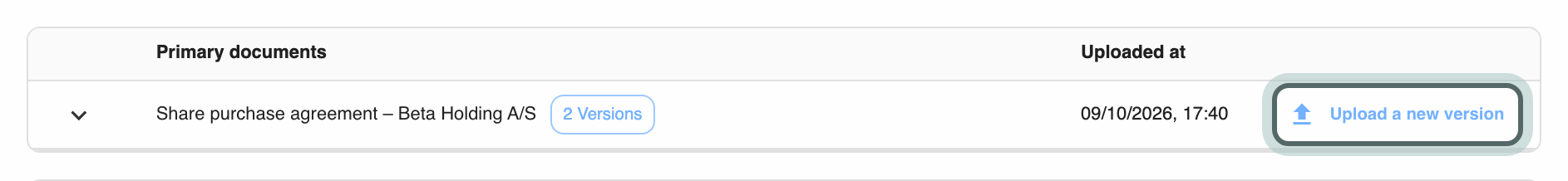 The primary documents on the upload step, with Upload a new version highlighted on the share purchase agreement, which shows 2 Versions.