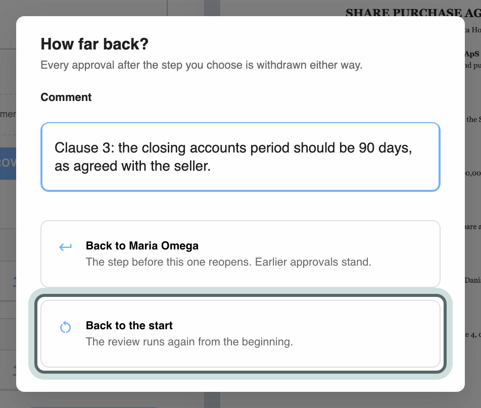 The How far back? window: the reason for sending it back in the Comment field, and the choice between Back to Maria Omega and Back to the start.