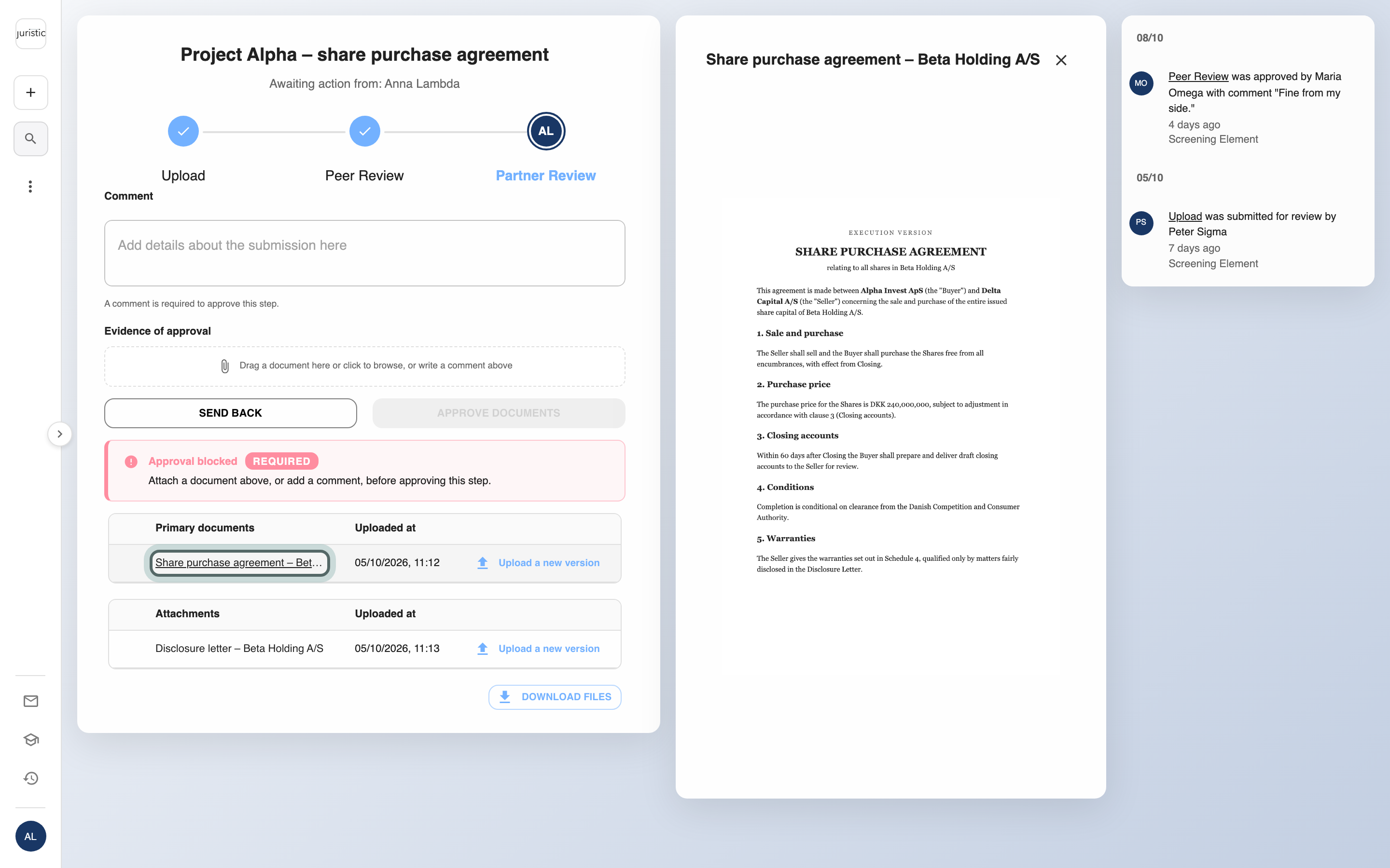 A screening in review, waiting on Anna Lambda at Partner Review: the review steps across the top, the comment field, evidence of approval and the documents, with the share purchase agreement open in the viewer beside it and the activity log on the right.