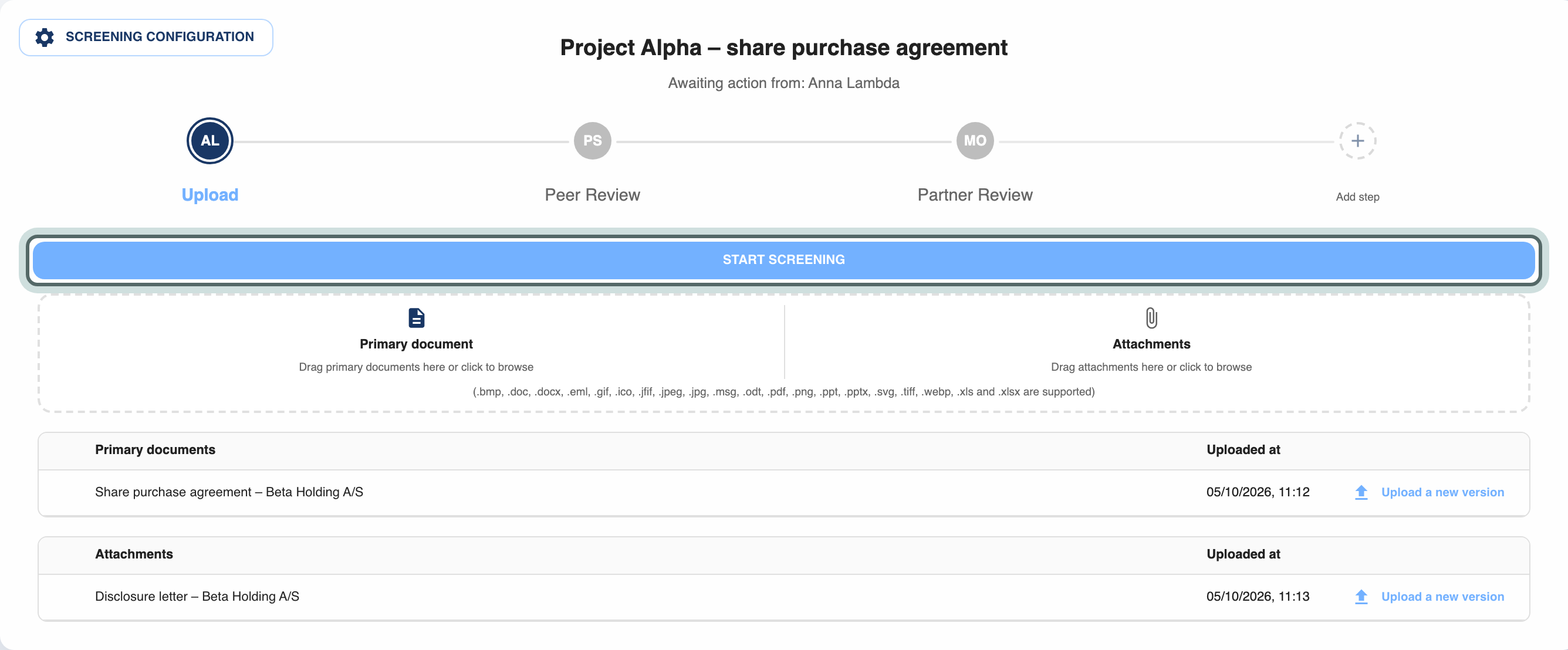 The new screening on its Upload step, with Upload, Peer Review and Partner Review across the top and Start screening highlighted.