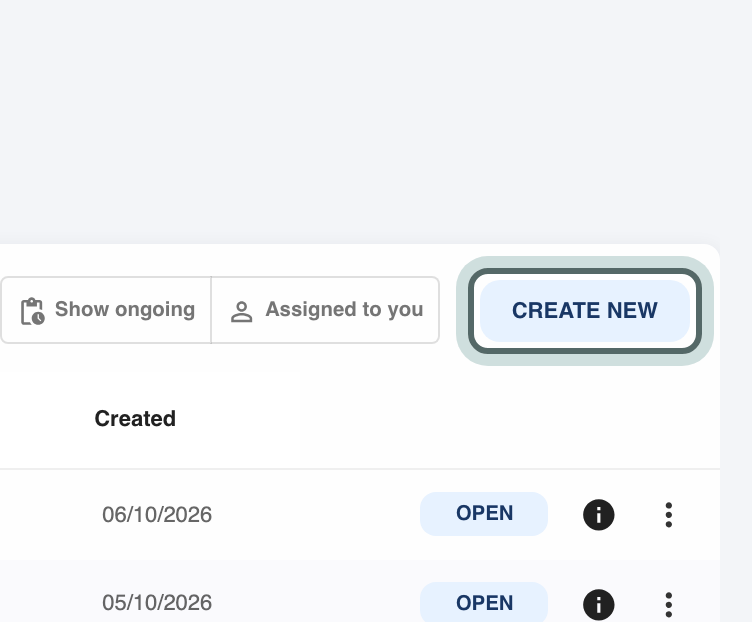 The Screening list with Create new highlighted in the table toolbar.