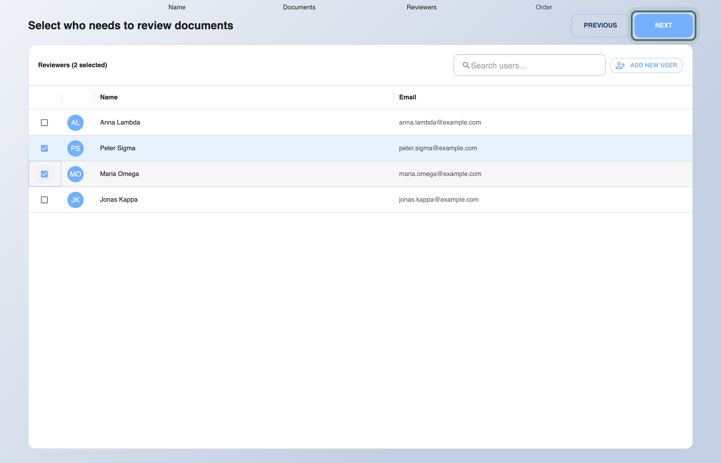 Select who needs to review documents: the colleagues on the matter with Peter Sigma and Maria Omega ticked, Reviewers (2 selected), and Next highlighted.