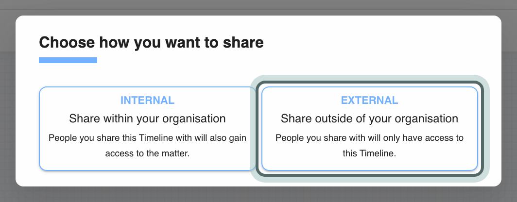 The Choose how you want to share dialog with External, Share outside of your organisation, highlighted.