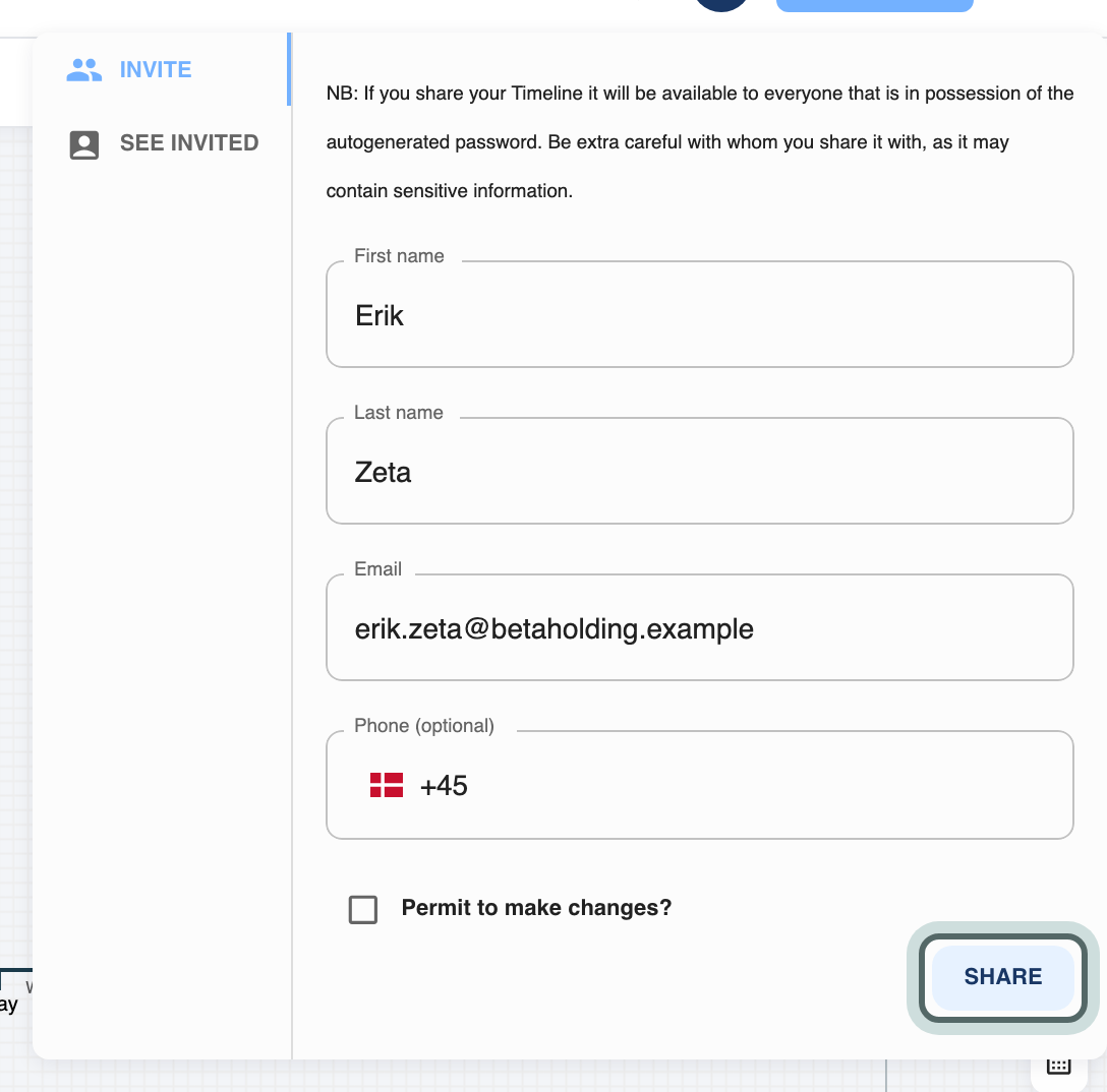 The external sharing panel on the Invite tab, filled in for Erik Zeta at Beta Holding A/S, with Permit to make changes? below and the Share button highlighted.
