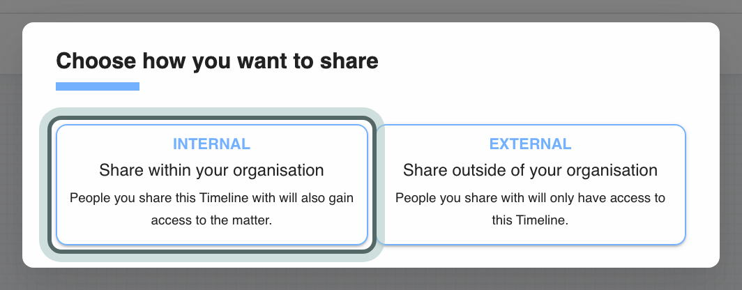 The Choose how you want to share dialog with two options, Internal and External, and Internal highlighted.