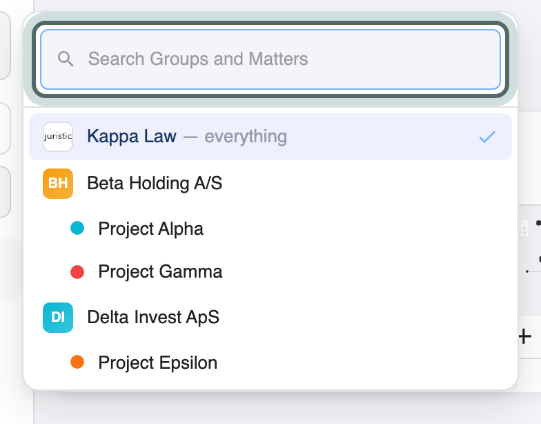 The box opened: a search field for groups and matters, highlighted, above the workspace, the groups Beta Holding A/S and Delta Invest ApS, and their matters.