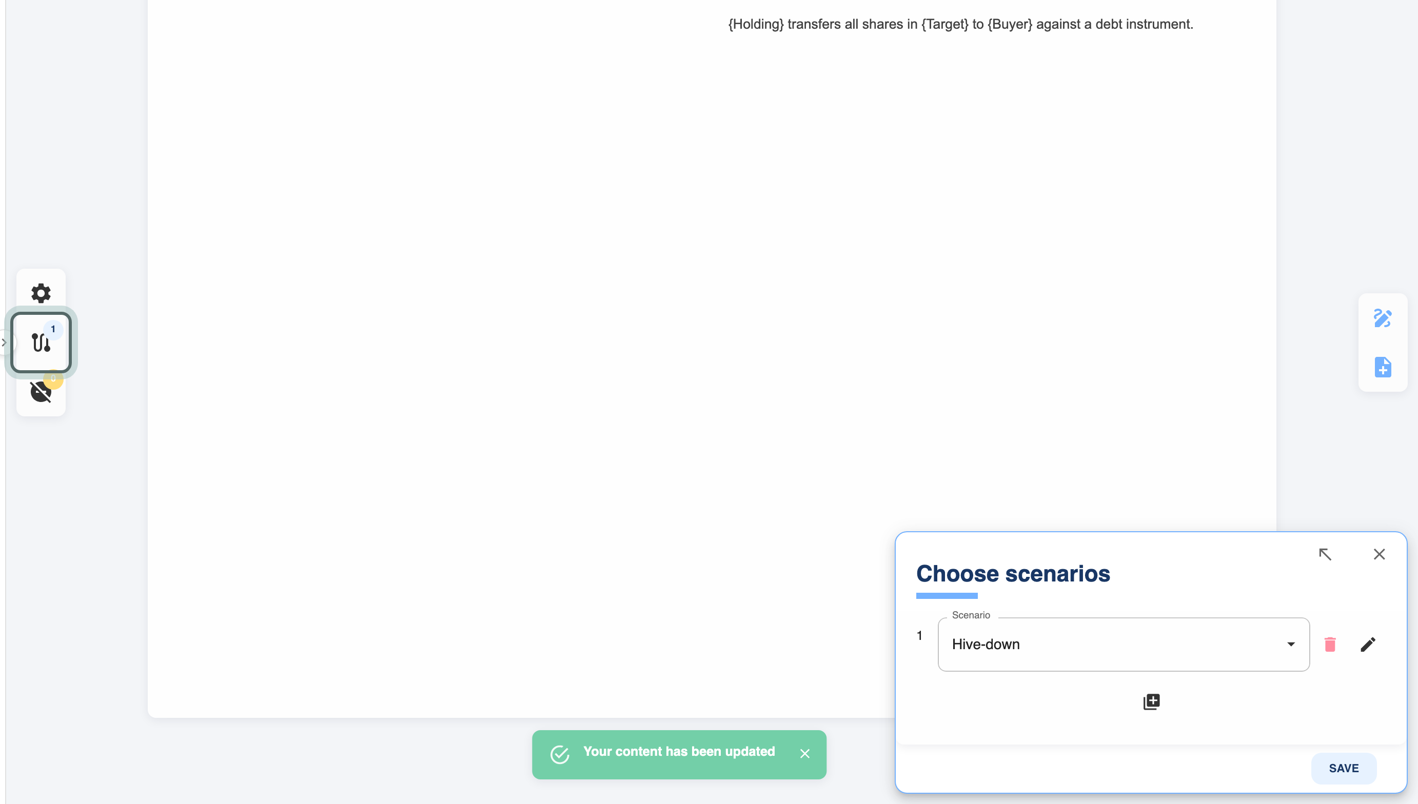 An output in the group library: the standard text with merge fields such as {Target}, and Choose scenarios open with the scenario Hive-down chosen; the Add a scenario button is highlighted.