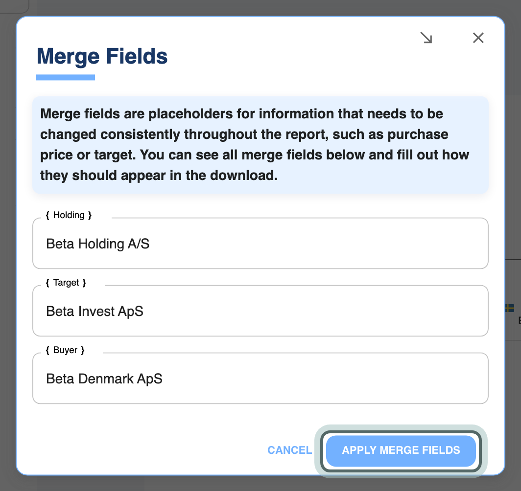 Merge Fields: {Holding}, {Target} and {Buyer} with the names they were filled with, and Apply merge fields highlighted.
