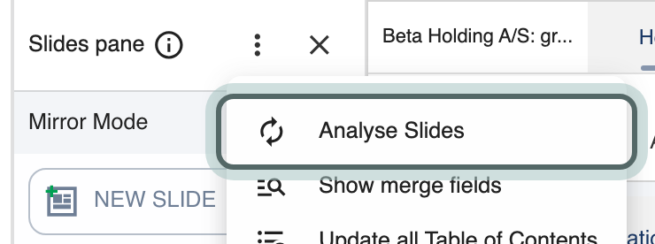 The Slides pane's More menu with Analyse Slides highlighted, above Show merge fields.