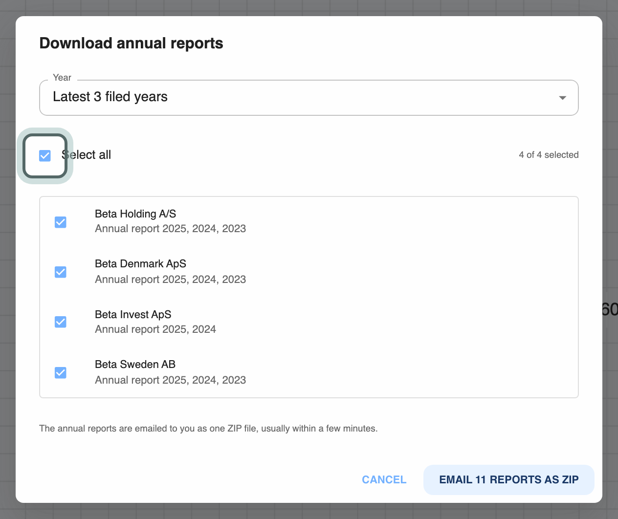Download annual reports: Beta Holding A/S, Beta Denmark ApS, Beta Invest ApS and Beta Sweden AB ticked, each with the annual reports filed for it.