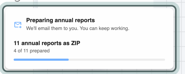 Preparing annual reports, a panel at the bottom left of the canvas showing the reports being collected.