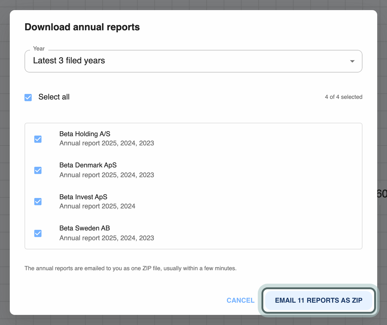 Year set to Latest 3 filed years, and the button that emails the reports as one ZIP highlighted.