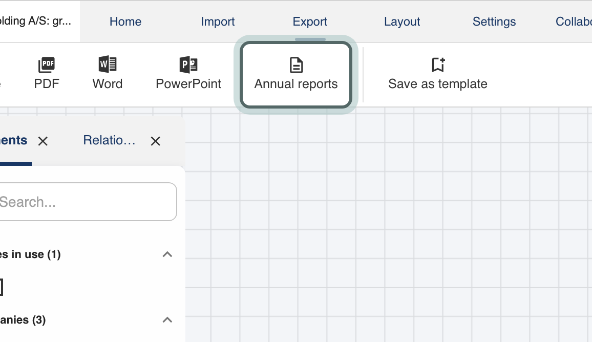 The Export tab of the structure ribbon with Annual reports highlighted.