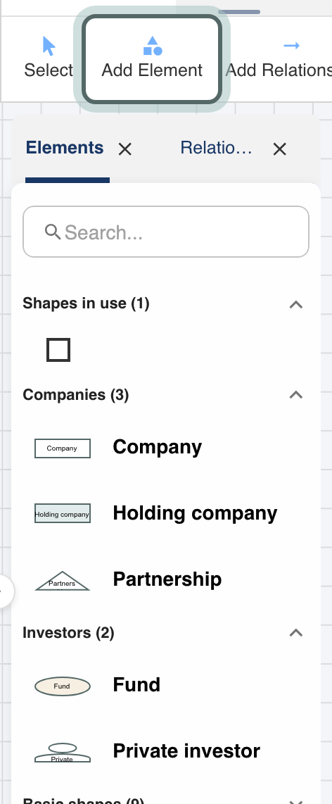 The Home tab of the structure ribbon with Add Element highlighted, and the Elements panel open with its search field and the firm's own element categories.