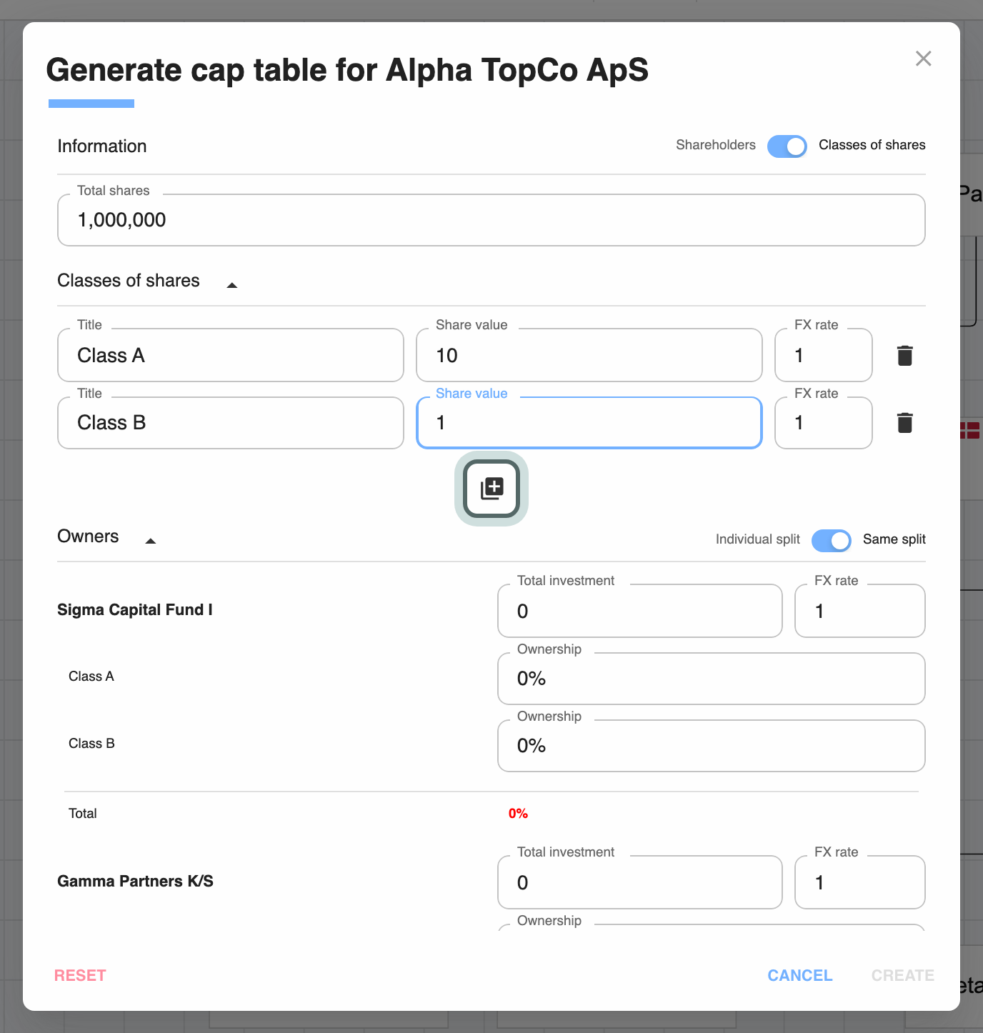 Generate cap table for Alpha TopCo ApS switched to Classes of shares: 1,000,000 total shares, Class A and Class B each with a title, share value and FX rate, and the Add class of shares button highlighted.