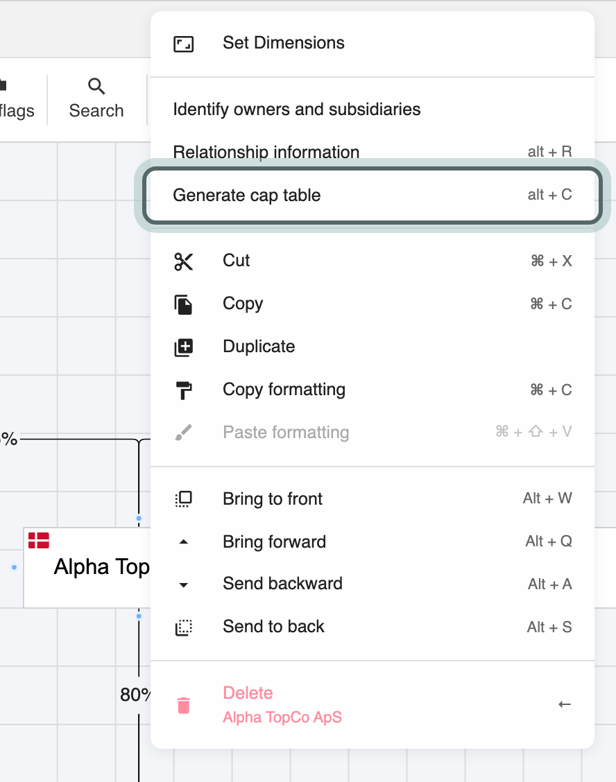 The right-click menu on Alpha TopCo ApS with Generate cap table (alt + C) highlighted.