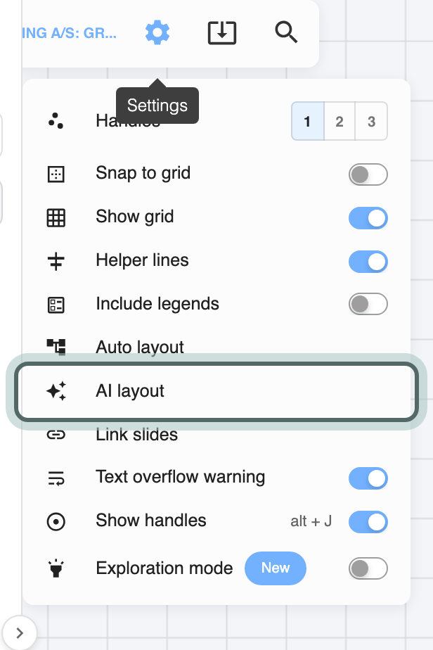 The Settings menu of the structure's toolbar in the Modern layout, with AI layout highlighted.