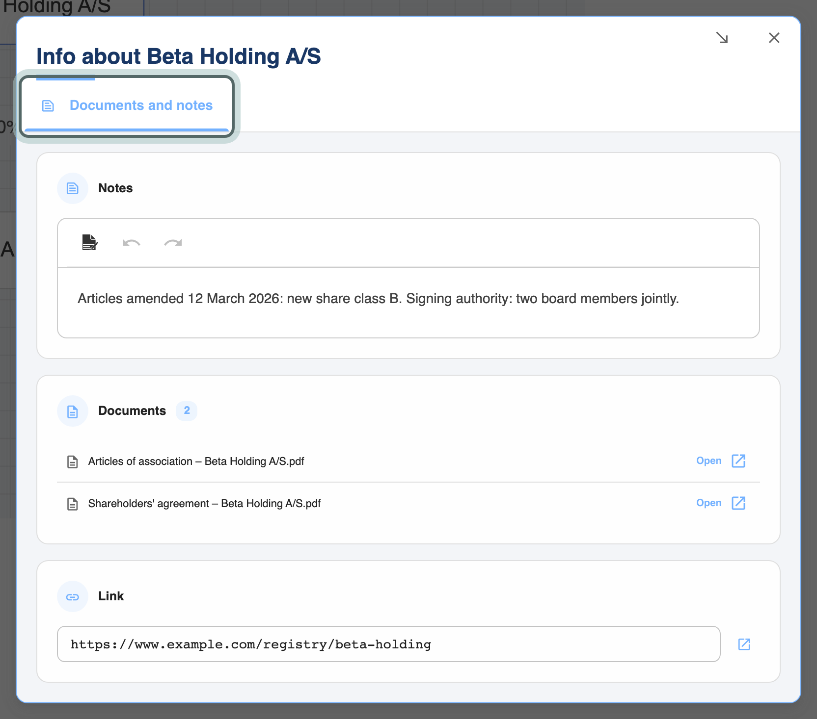 Info about Beta Holding A/S on the Documents and notes tab: the note, the two attached documents each with Open, and the link.