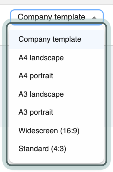 Page format in the Layout tab, open: Company template, Widescreen (16:9), Standard (4:3) and the A4 and A3 sizes.