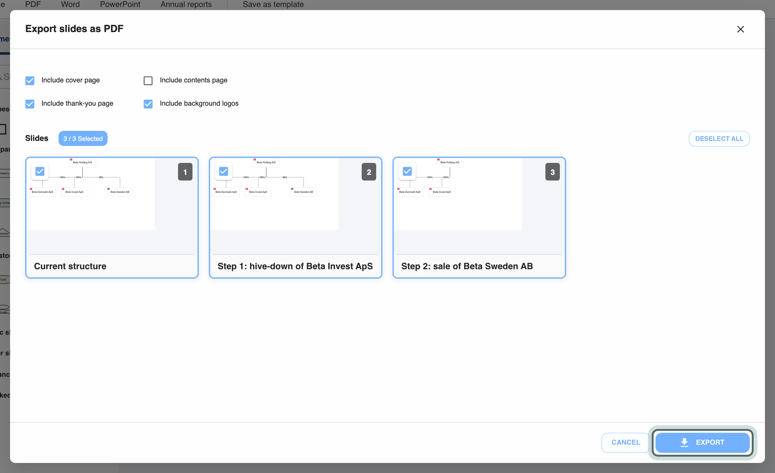Export slides as PDF: Include cover page, Include contents page, Include thank-you page and Include background logos, and the slides to export, all selected.