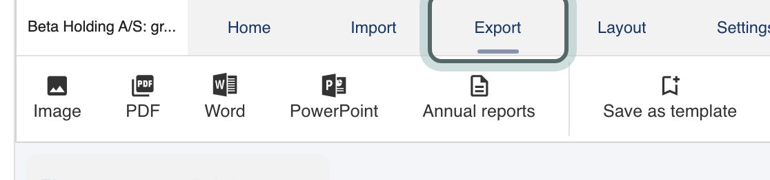The Export tab of the structure ribbon highlighted, showing Image, PDF, Word, PowerPoint, Annual reports and Save as template.