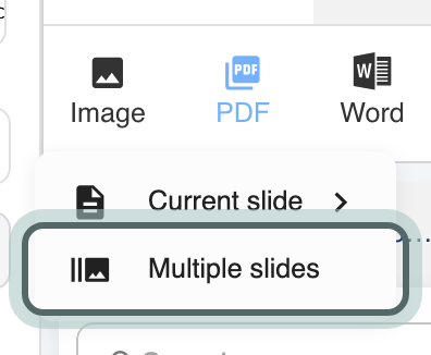The PDF menu: Current slide, which offers With logos and Without logos, and Multiple slides, highlighted.