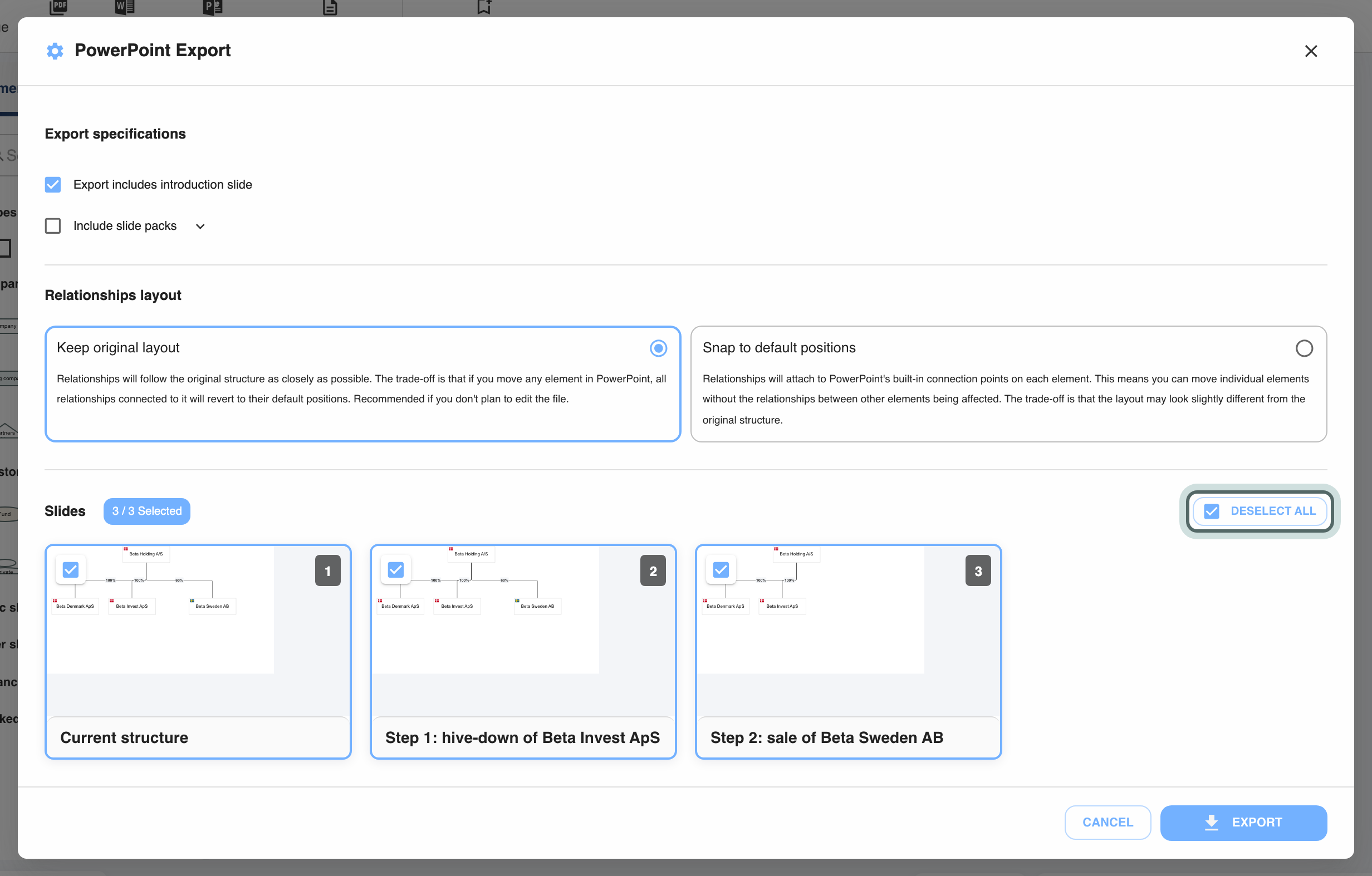 The PowerPoint Export dialog, Slides section: the three slides ticked, 3 / 3 Selected, and Deselect all.