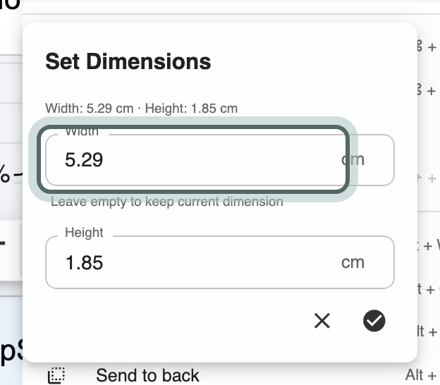 The Set Dimensions form for the selected elements: Width and Height in centimetres, with the help text Leave empty to keep current dimension.