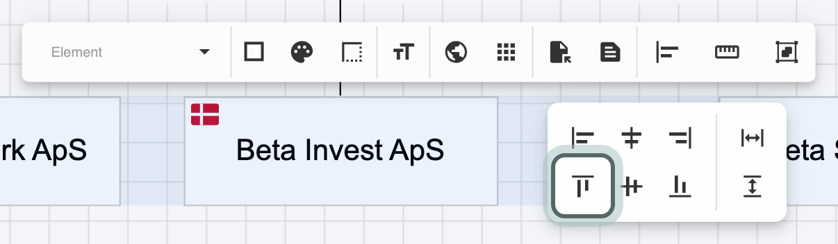 Three subsidiaries selected; the selection toolbar's Align elements menu is open, with Align top highlighted.