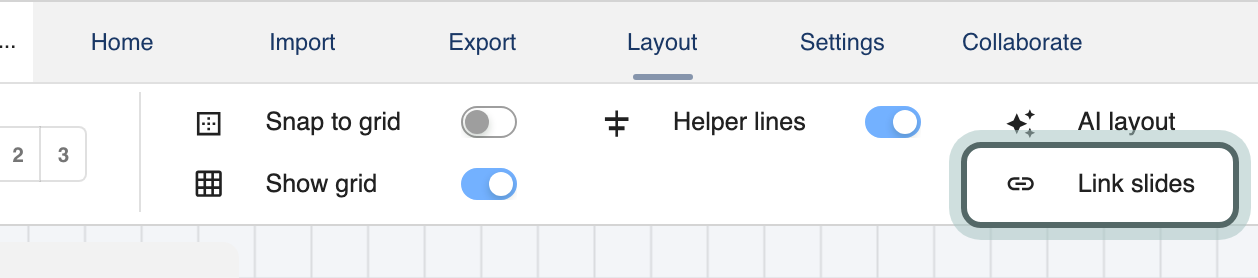 The Layout tab of the structure ribbon with Link slides highlighted, beside AI layout.