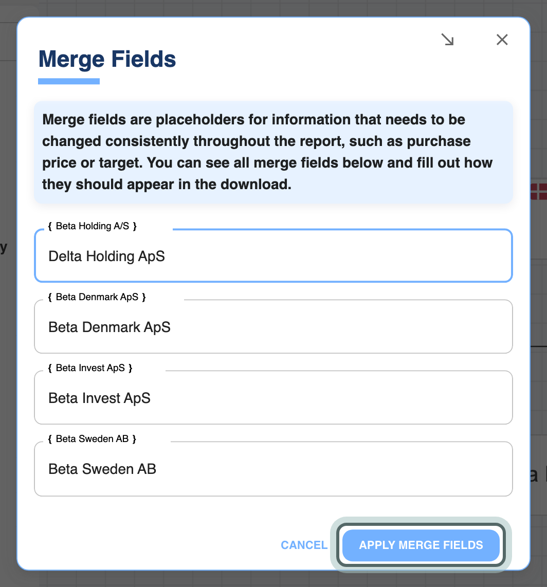 Merge Fields: the field for Beta Holding A/S changed to Delta Holding ApS, the other entities unchanged, and Apply merge fields highlighted.
