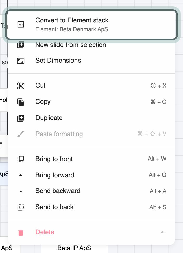 Three subsidiaries made from the same element selected and the right-click menu open, with Convert to Element stack highlighted.