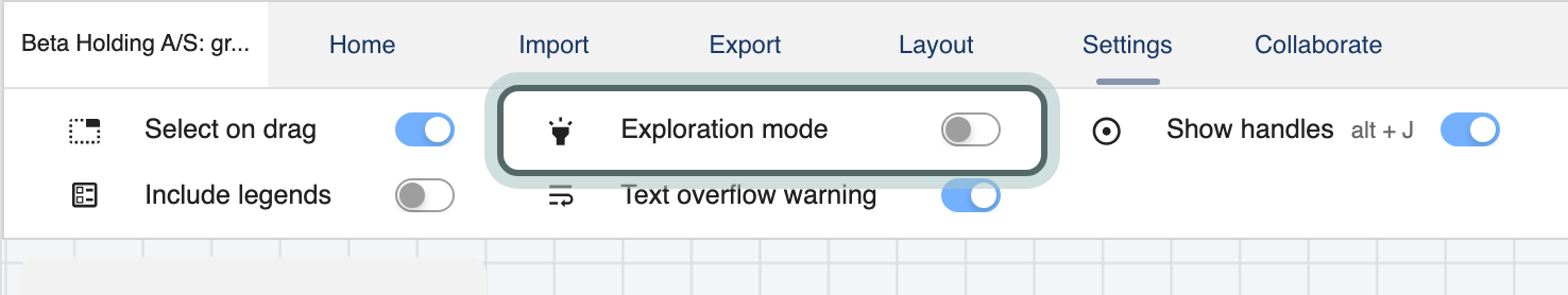 The Settings tab of the structure ribbon with the Exploration mode switch highlighted, beside Select on drag, Include legends, Text overflow warning and Show handles.