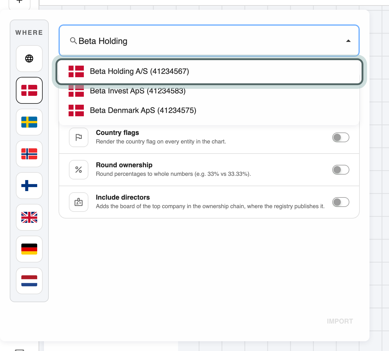 Search for a company or registration number with Beta Holding typed, and Beta Holding A/S listed first with its registration number, highlighted.