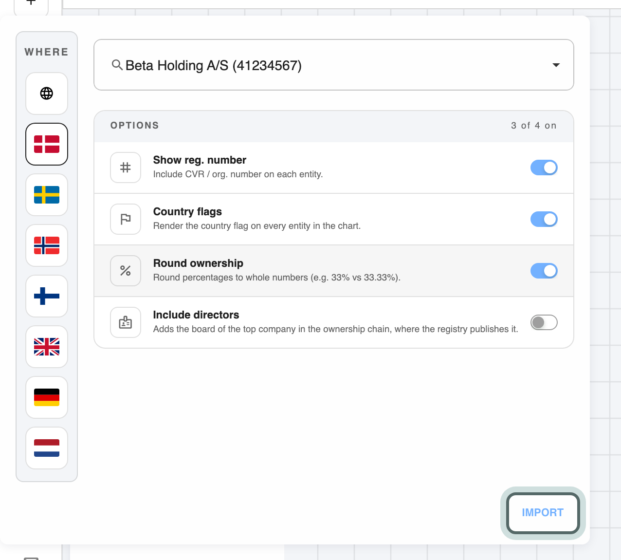 The OPTIONS strip: Show reg. number, Country flags and Round ownership switched on, Include directors off, and the Import button highlighted.