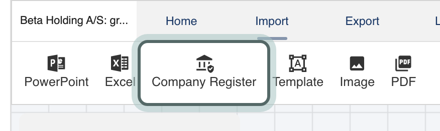 The Import tab of the structure ribbon: PowerPoint, Excel, Company Register, Template, Image and PDF, with Company Register highlighted.