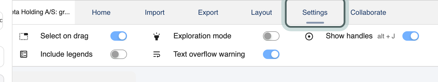 The Settings tab of the structure ribbon: Select on drag, Include legends, Exploration mode, Text overflow warning and Show handles, each with its switch.
